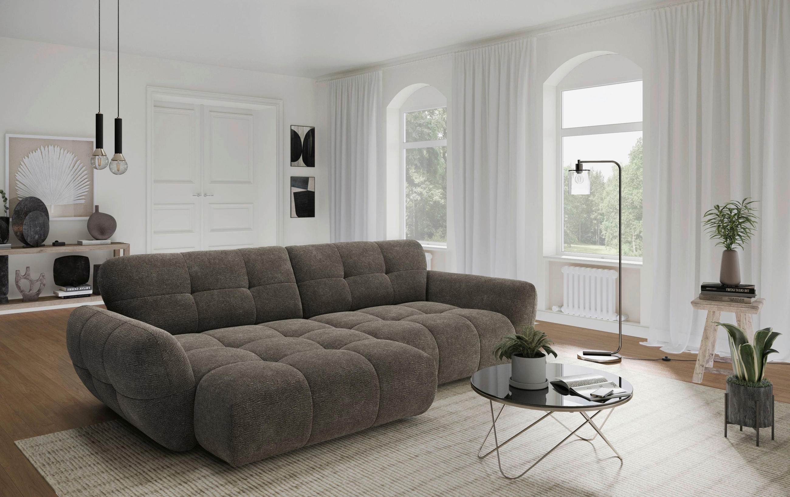 ECKSOFA NIVO Graubraun Chenille Rücken echt  - Graubraun/Schwarz, MODERN, Kunststoff/Textil (175/312cm) - Livetastic
