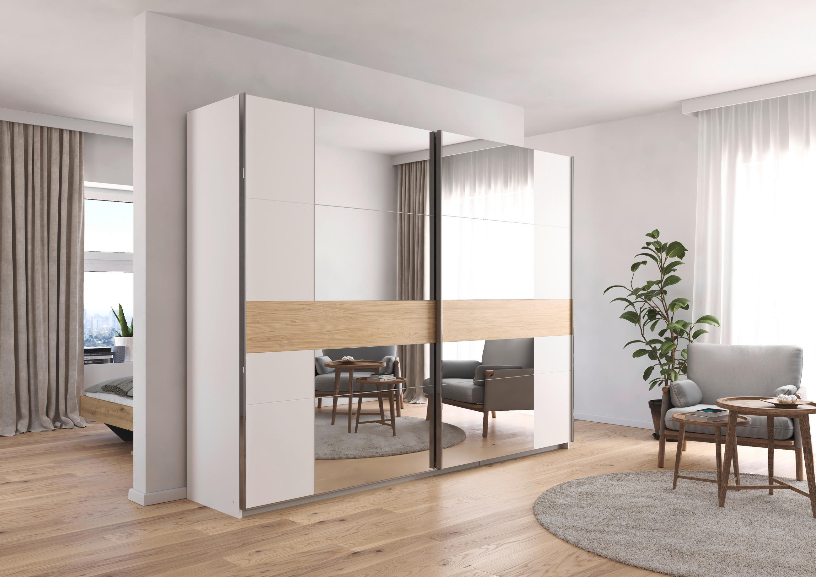 SCHWEBETÜRENSCHRANK 270/210/57 cm 2-türig Weiß, Eichefarben  - Chromfarben/Eichefarben, KONVENTIONELL, Holzwerkstoff/Metall (270/210/57cm) - Rauch Möbel