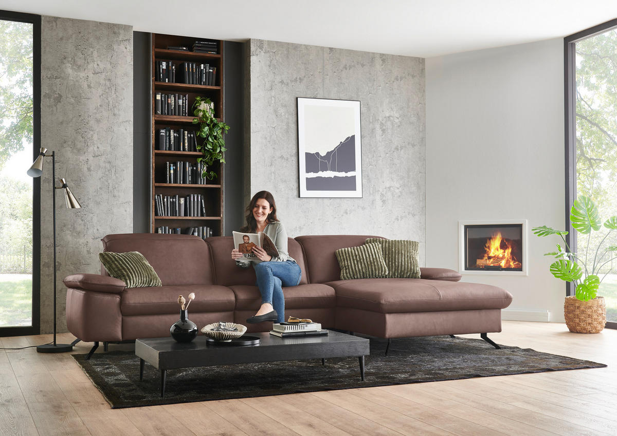 ECKSOFA Echtleder Rotbraun  - Rotbraun/Schwarz, Design, Leder/Metall (307/169cm) - Beldomo Premium