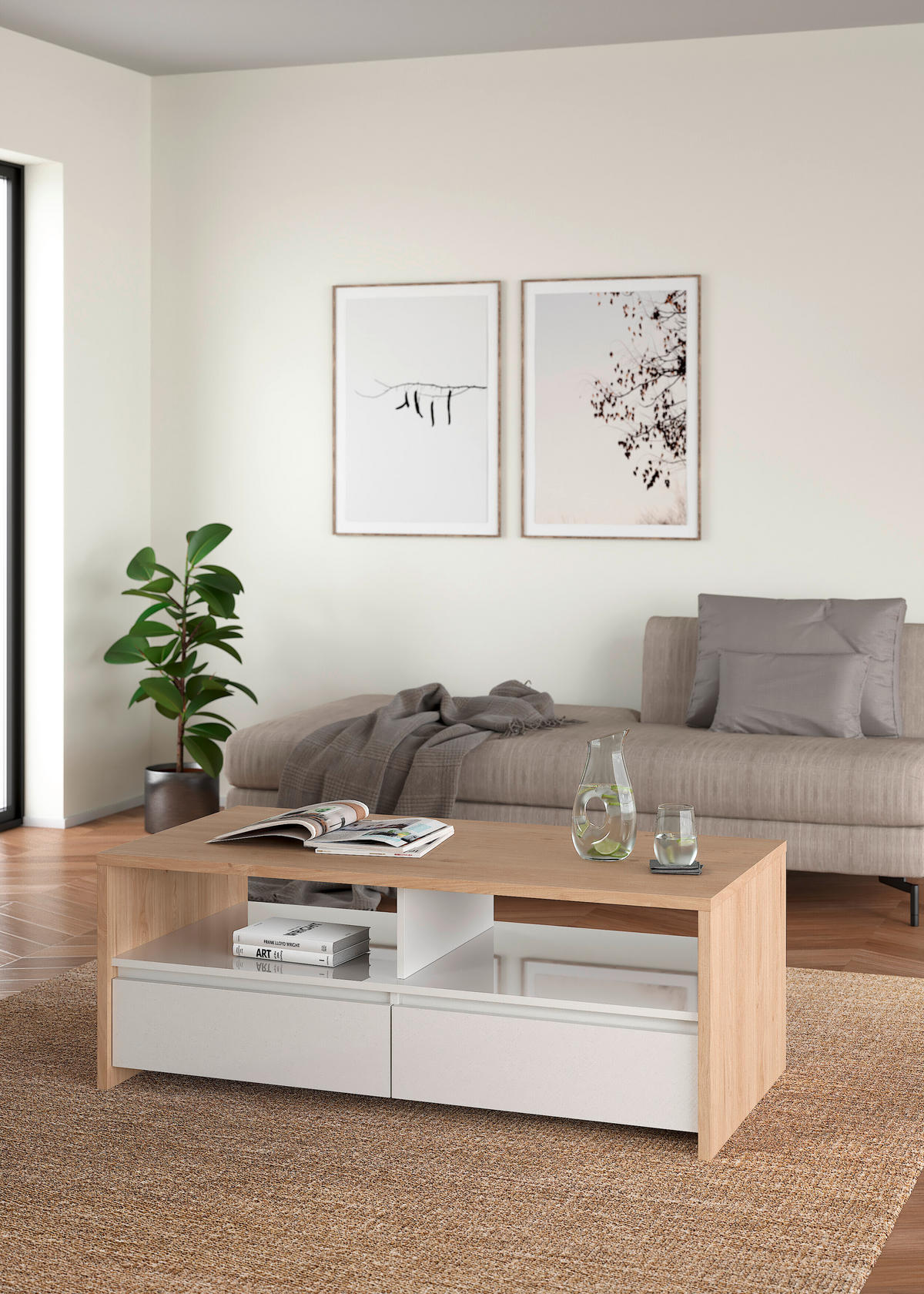 COUCHTISCH 120/60/46 cm rechteckig Weiß Hochglanz, Hickory  - Weiß Hochglanz/Hickory, KONVENTIONELL, Holzwerkstoff (120/60/46cm) - Boxxx
