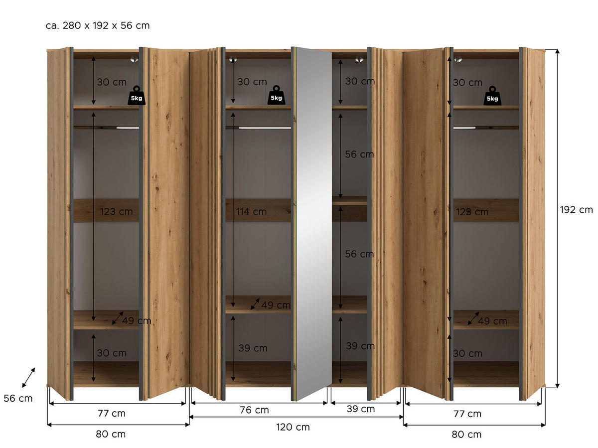 DREHTÜRENSCHRANK  in Anthrazit, Eiche Artisan  - Anthrazit/Eiche Artisan, ROMANTIK / LANDHAUS, Holzwerkstoff (280/192/56cm) - Livetastic