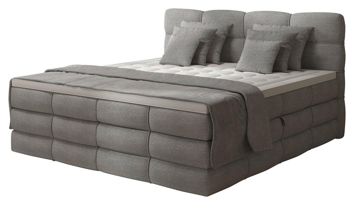 BOXSPRINGBETT 160/200 cm,  in Grau, gepolstertes Kopfteil, Bettkasten, Topper, Matratzen, H3 + H3 = fest  - Schwarz/Grau, Design, Kunststoff/Textil (160/200cm) - Chameo