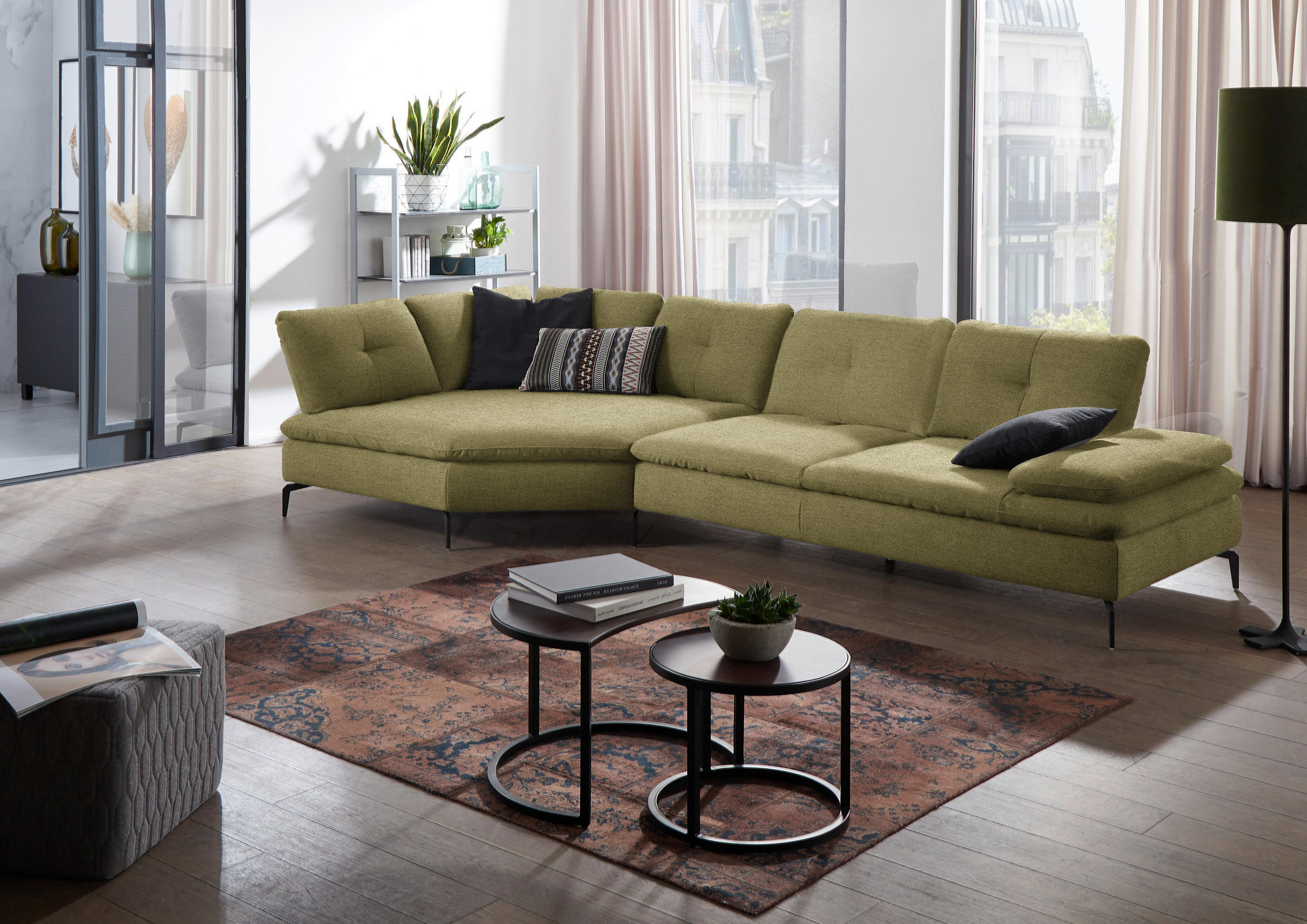 ECKSOFA in Flachgewebe Olivgrün  - Schwarz/Olivgrün, Design, Textil/Metall (157/344cm) - Chilliano