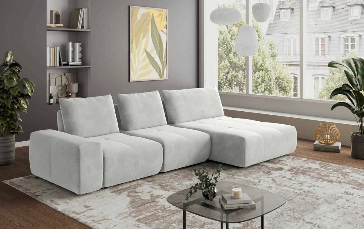 ECKSOFA in Velours Hellgrau  - Hellgrau/Schwarz, Design, Kunststoff/Textil (347/174cm) - Xora