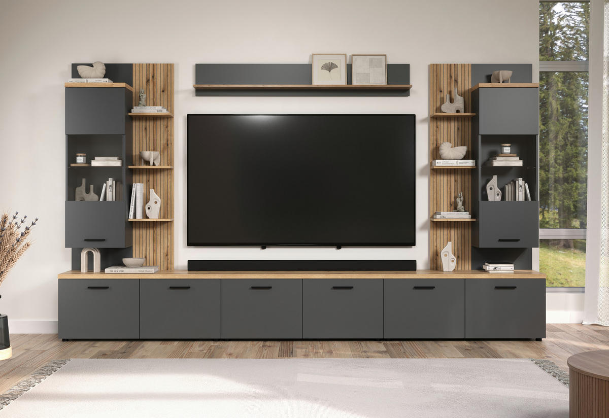 WOHNWAND 6-teilig  in Anthrazit, Eichefarben  360/212/40 cm  - Eichefarben/Anthrazit, Design, Glas/Holzwerkstoff (360/212/40cm) - MID.YOU