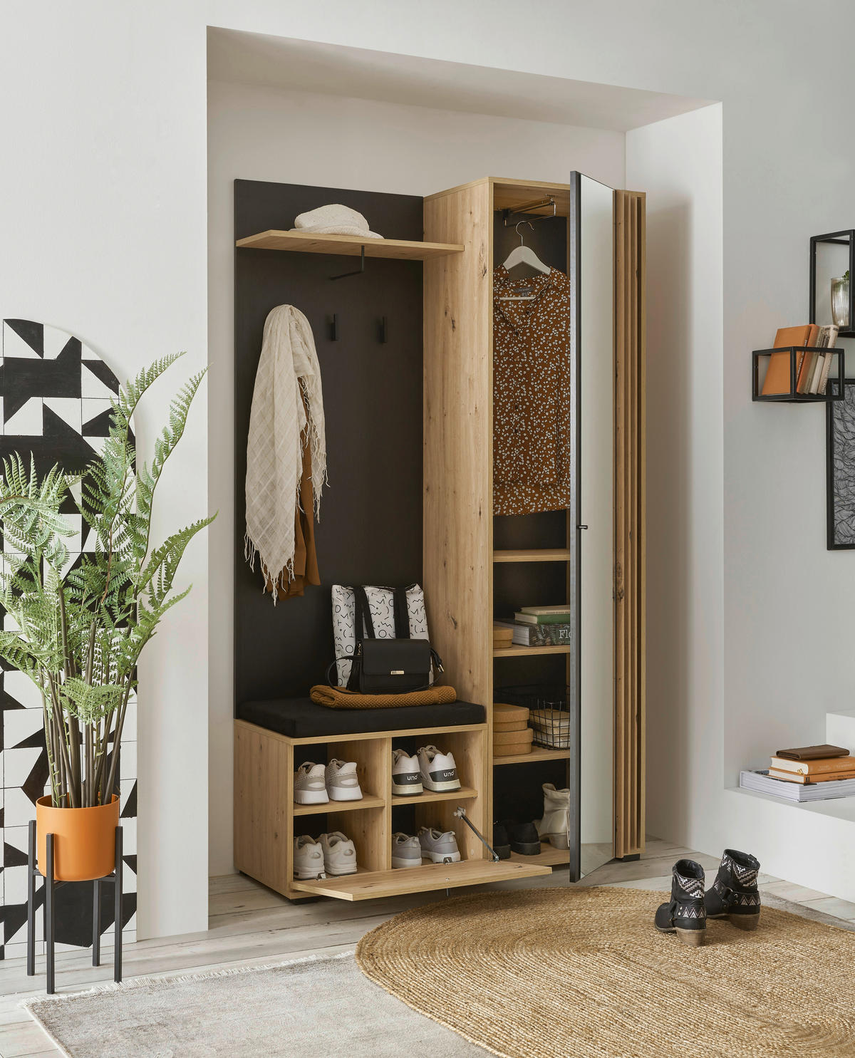 GARDEROBE 5-teilig  in 114/197/40 cm  - Schwarz/Eiche Artisan, Design, Glas/Holzwerkstoff (114/197/40cm) - Carryhome