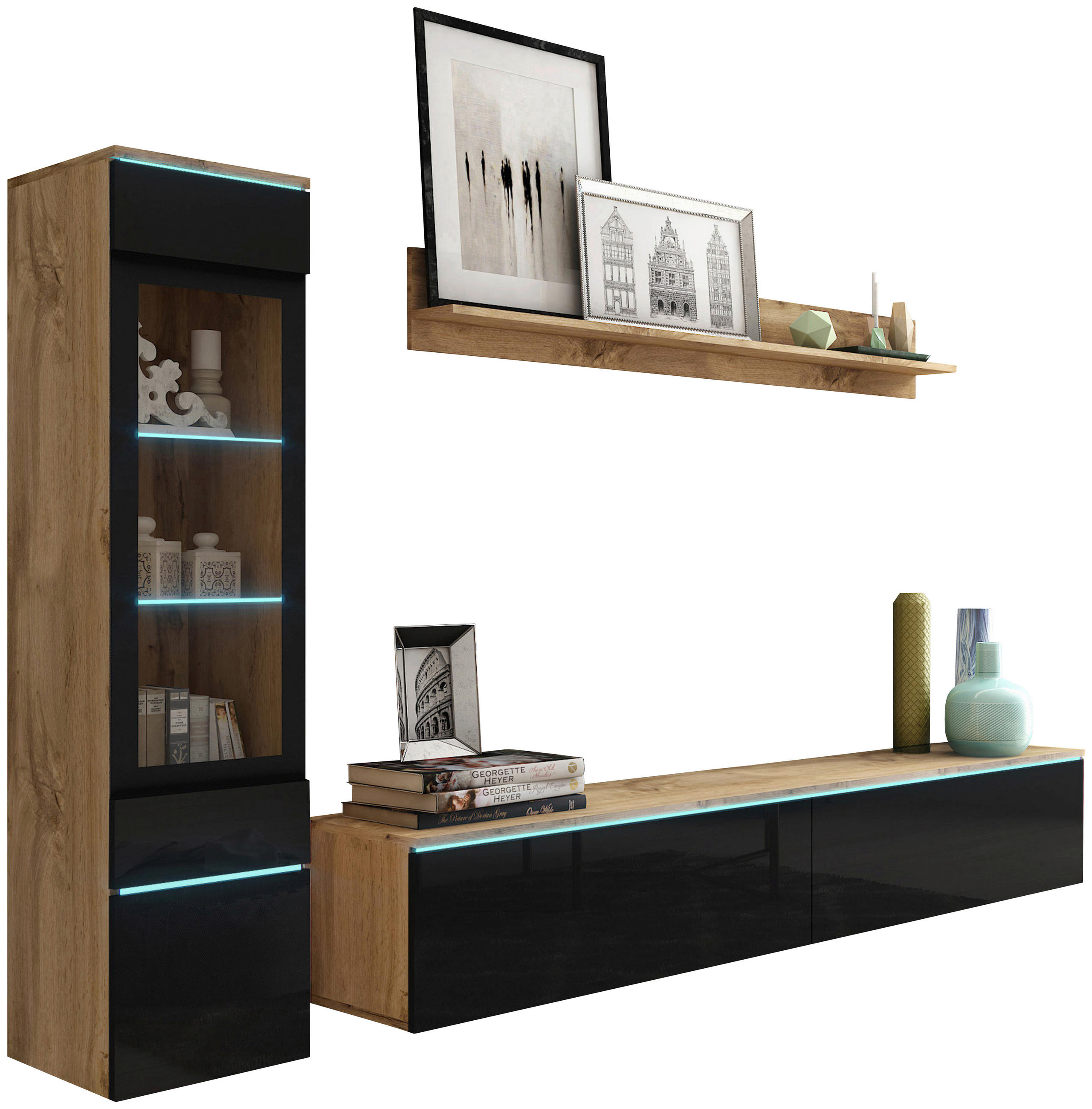 WOHNWAND Vera 3-teilig  in Eiche Wotan, Schwarz Hochglanz  210/130/33 cm  - Schwarz Hochglanz/Eiche Wotan, LIFESTYLE, Glas/Holzwerkstoff (210/130/33cm) - P & B