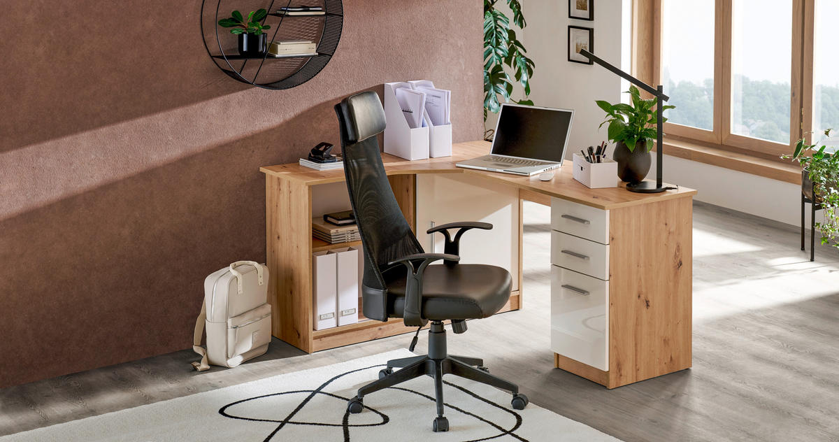 ECKSCHREIBTISCH 120/150/75 cm  in Weiß, Eichefarben  - Eichefarben/Alufarben, KONVENTIONELL, Holzwerkstoff/Kunststoff (120/150/75cm) - Venda