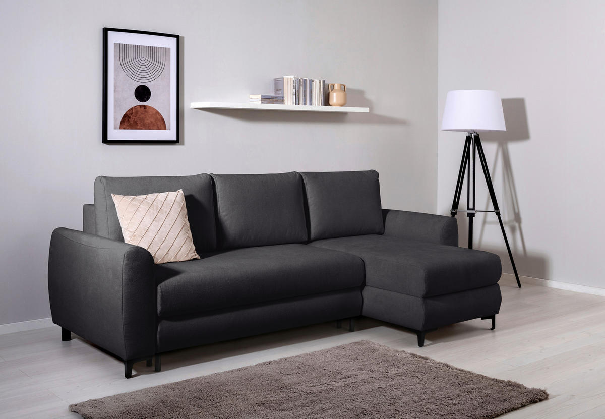ECKSOFA Moli Schwarz Mikrofaser  - Schwarz, Design, Textil/Metall (236/148cm) - MID.YOU