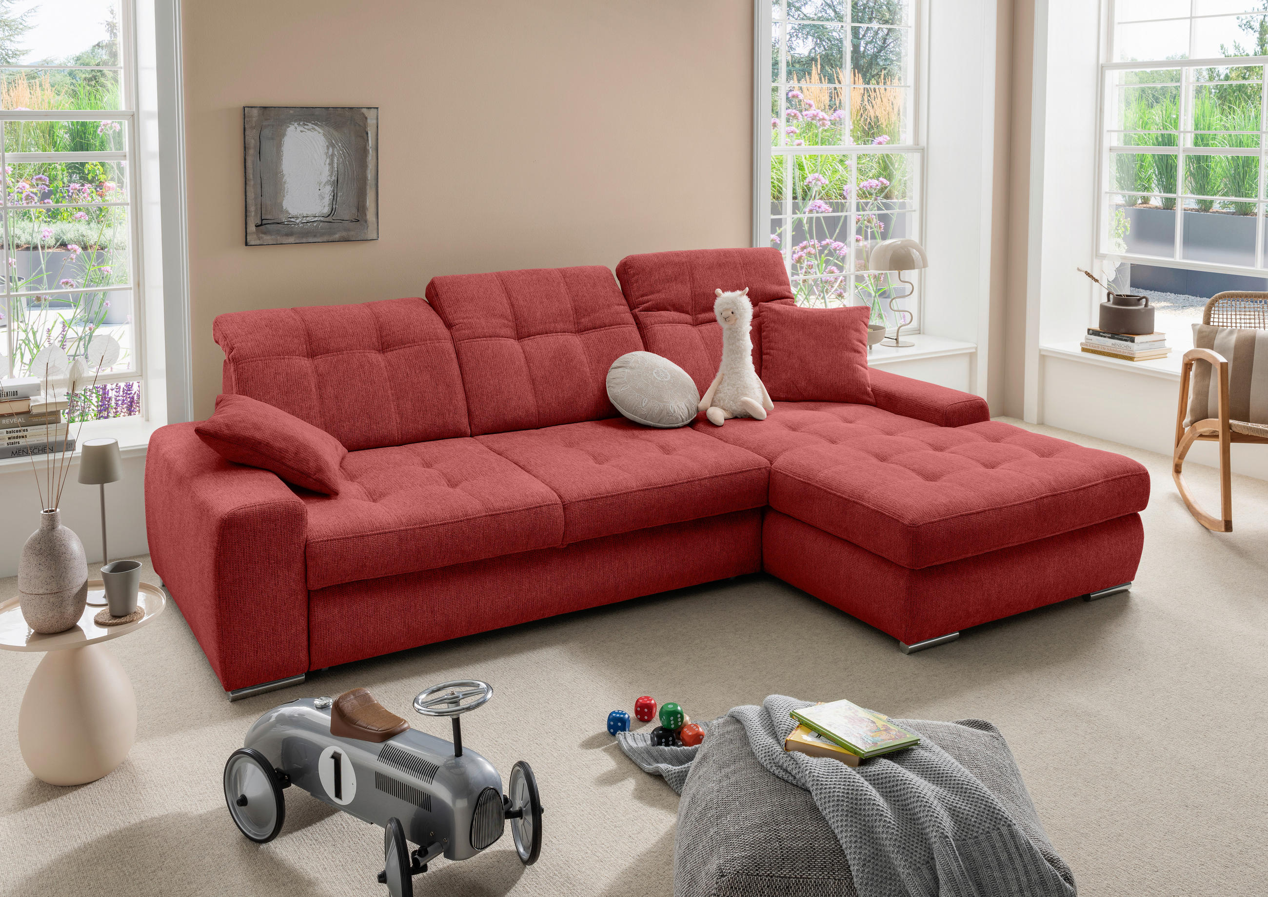 ECKSOFA Chenille Rot  - Chromfarben/Rot, Konventionell, Textil/Metall (283/186cm) - Livetastic