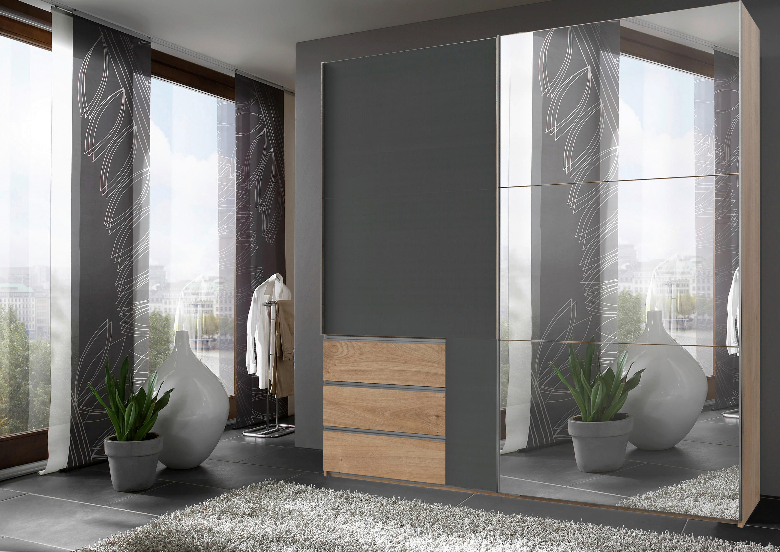 SCHWEBETÜRENSCHRANK in Graphitfarben, Eichefarben  - Chromfarben/Eichefarben, Modern, Holzwerkstoff (250/236/65cm) - MID.YOU
