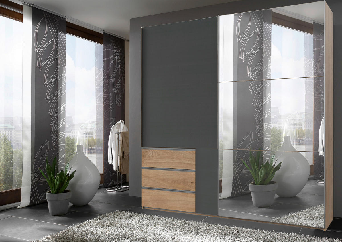 SCHWEBETÜRENSCHRANK in Graphitfarben, Eichefarben  - Chromfarben/Eichefarben, Modern, Holzwerkstoff (250/236/65cm) - MID.YOU