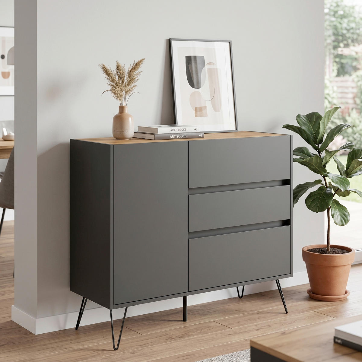 SIDEBOARD Posseik Industrial 99/93,6/42 cm 3 Schublade(n)  - Eichefarben/Graphitfarben, Design, Holzwerkstoff/Metall (99/93,6/42cm) - MID.YOU