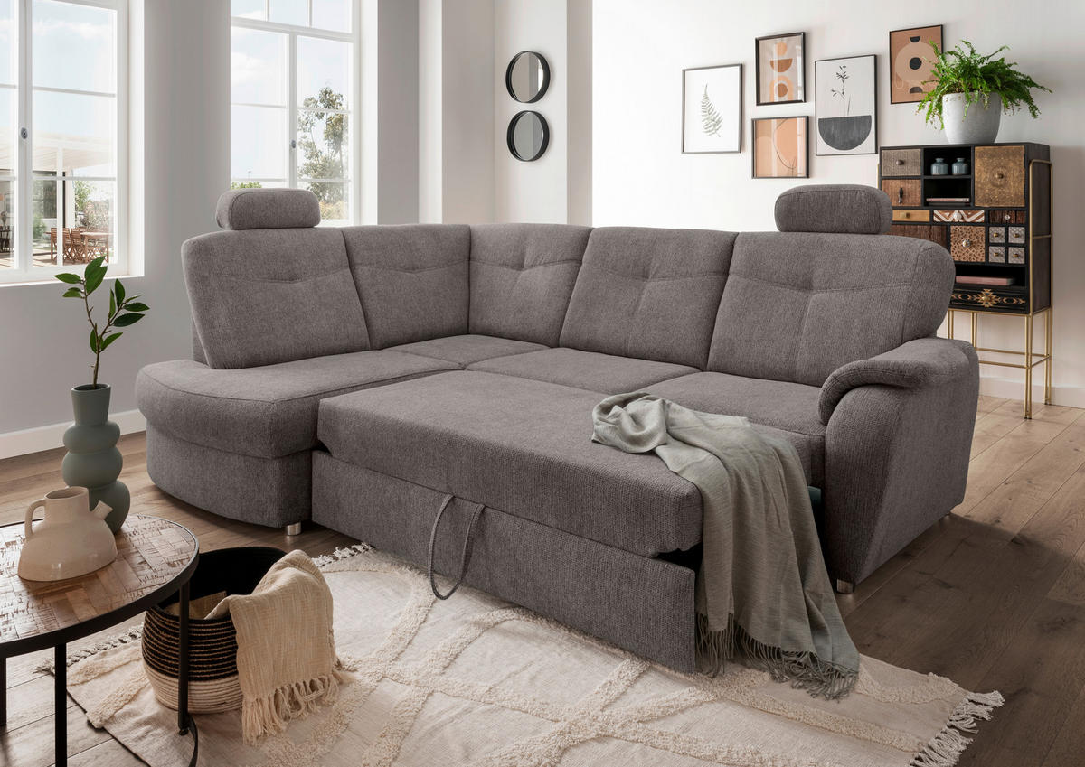 ECKSCHLAFSOFA  mit Liegefunktion, seitenverkehrt erhältlich, Schlafen auf Sitzhöhe, Rücken echt, Armteil rechts Chenille Graubraun  - Chromfarben/Graubraun, MODERN, Kunststoff/Textil (180/264cm) - Livetastic