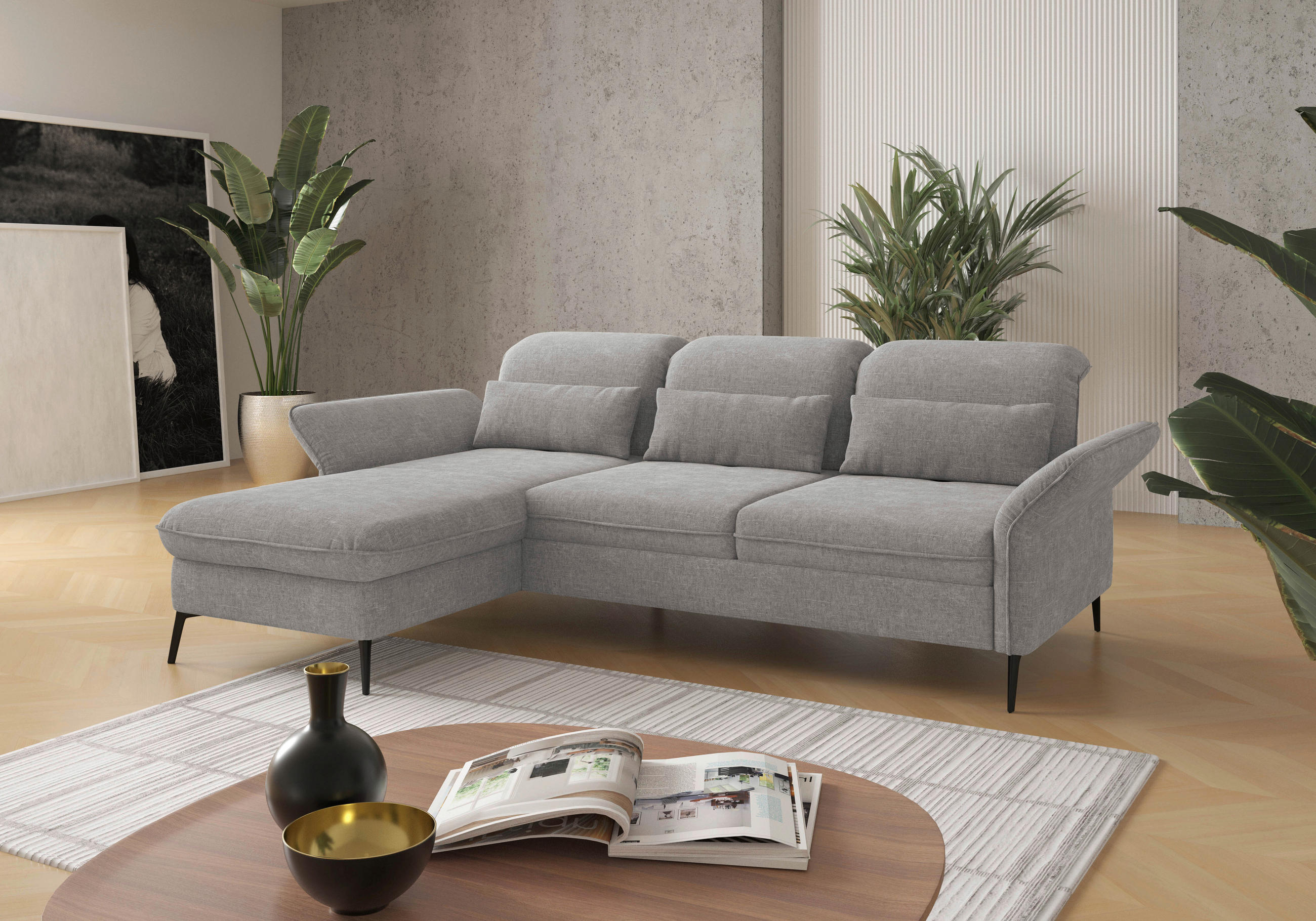 ECKSOFA Hellgrau Flachgewebe Armteilverstellung, Kopfteilverstellung, Sitztiefenverstellung  - Hellgrau/Schwarz, KONVENTIONELL, Textil/Metall (198/264cm) - Sit & More