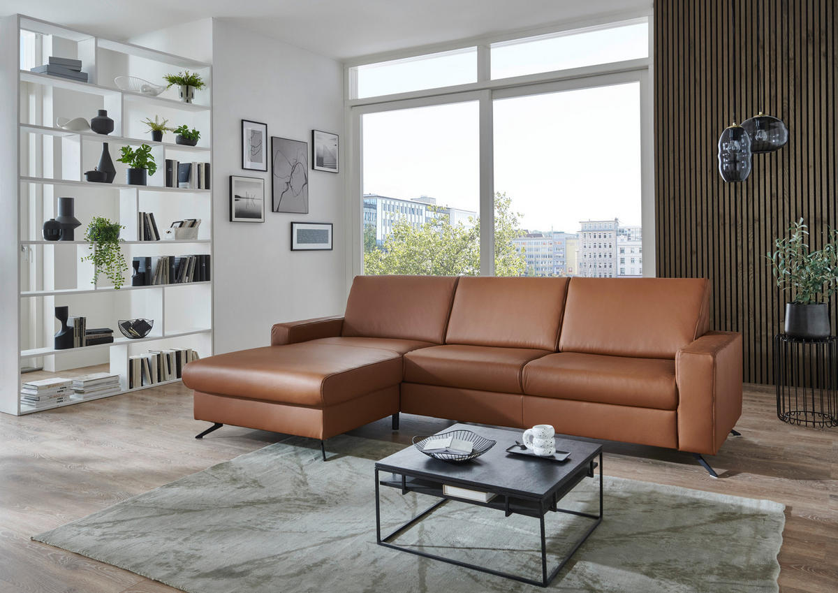 ECKSOFA in Echtleder Cognac  - Cognac/Schwarz, Design, Leder/Metall (165/267cm) - Lomoco