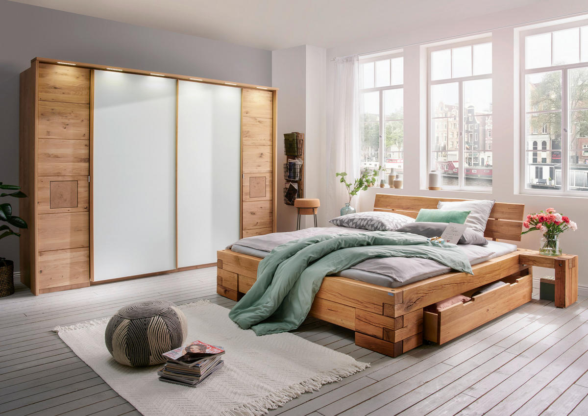 SCHWEBETÜRENSCHRANK 286/215/74 cm Weiß, Eichefarben  - Eichefarben/Weiß, Natur, Glas/Holz (286/215/74cm) - Linea Natura