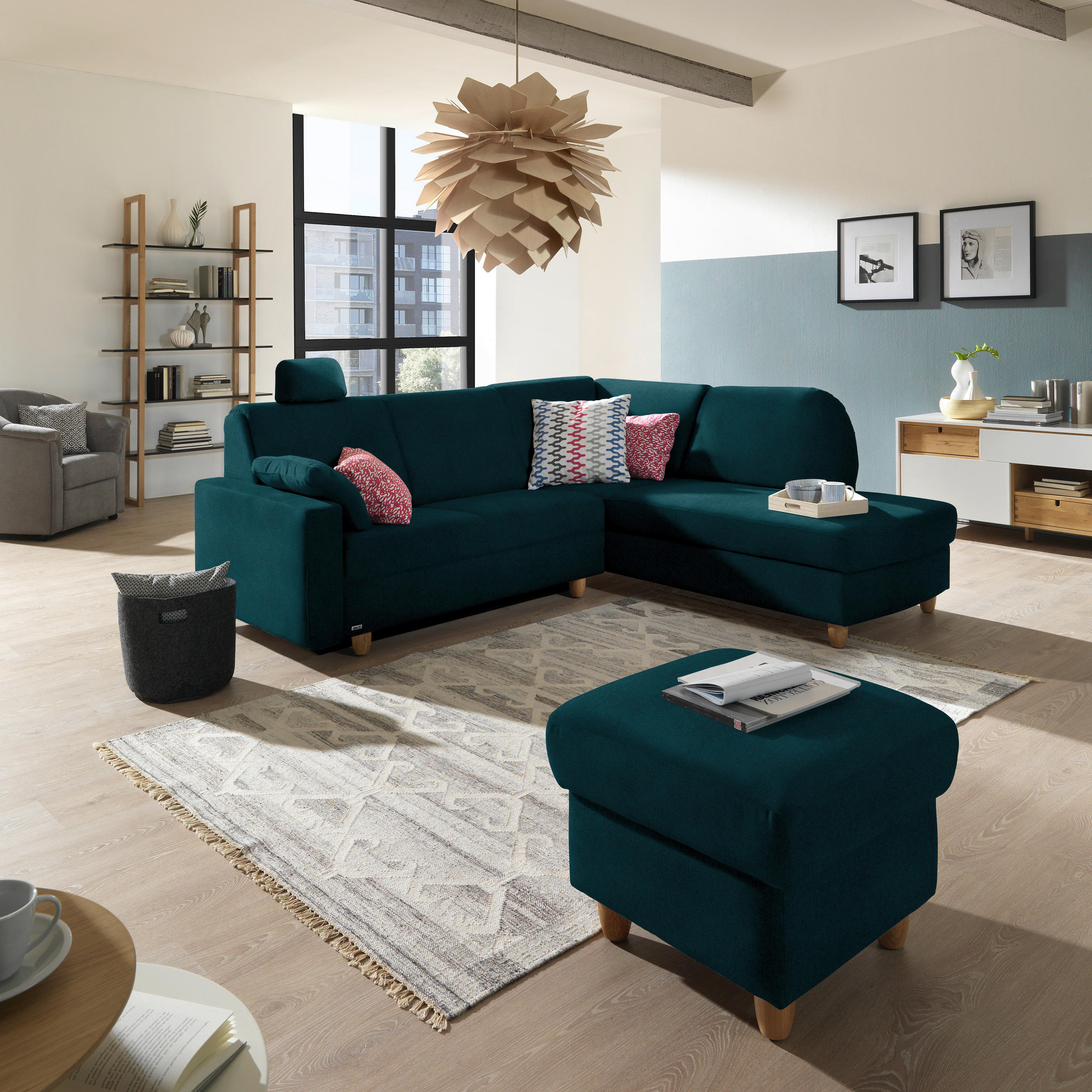 ECKSOFA in Flachgewebe Petrol  227/208 cm  - Eichefarben/Rot, KONVENTIONELL, Holz/Textil (227/208cm) - Sedda