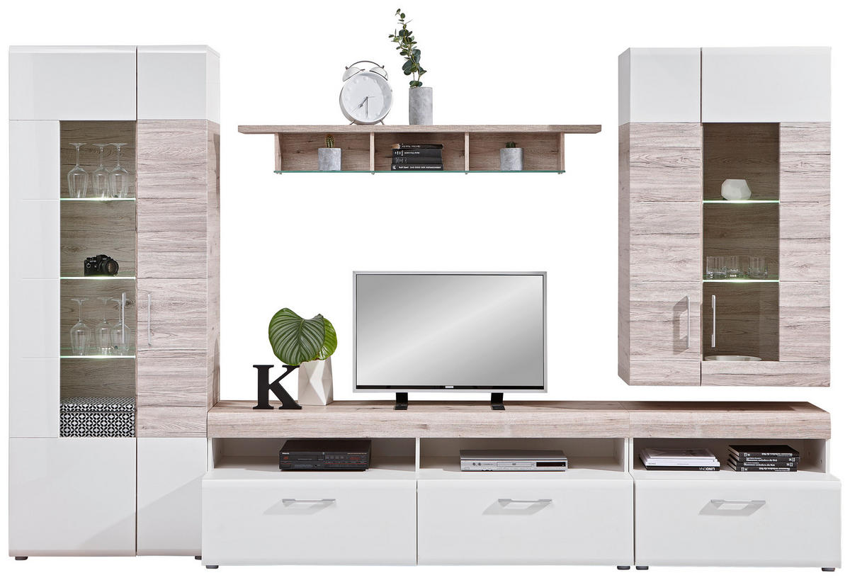 SET MOBILA LIVING in alb, culoare lemn stejar  - alb/culoare lemn stejar, Design, plastic/sticlă (330/209/52cm) - Carryhome