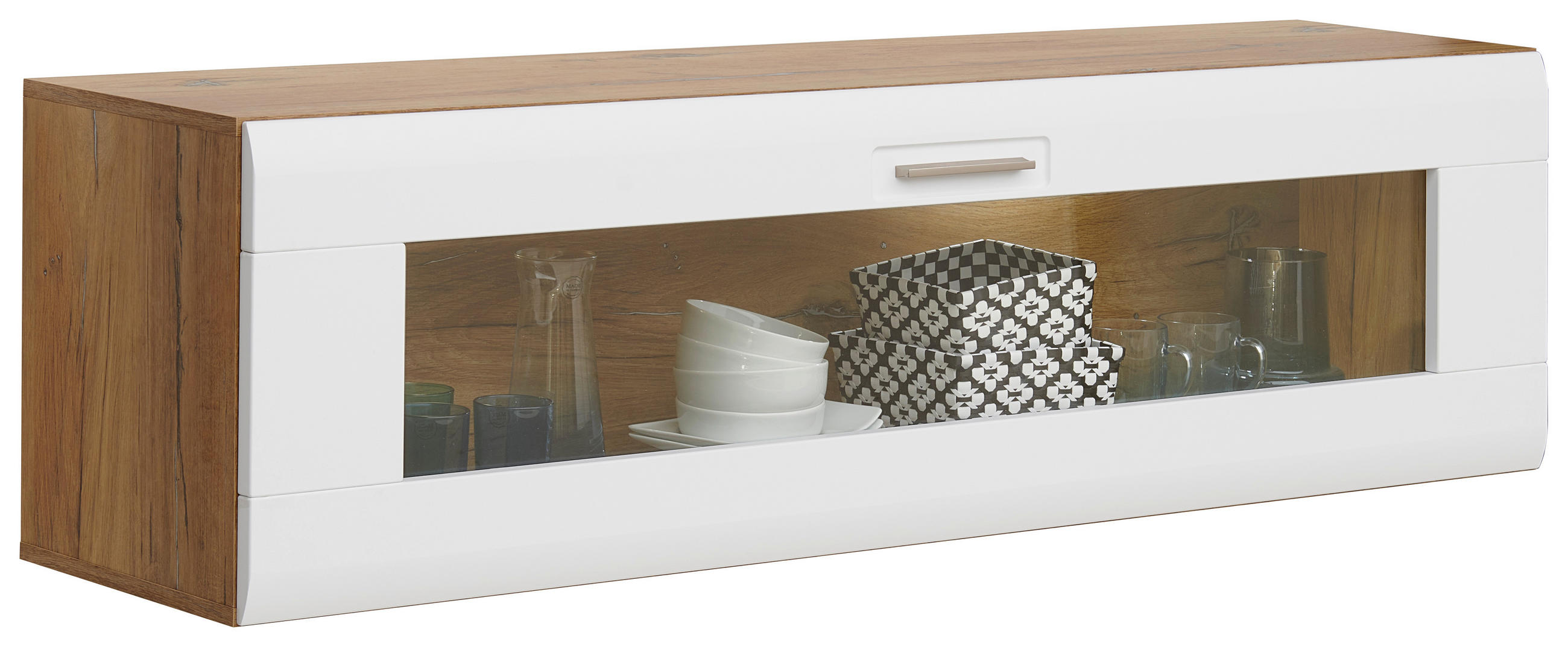 Hängevitrine Auris B: 150 cm Weiß/Eiche Dekor