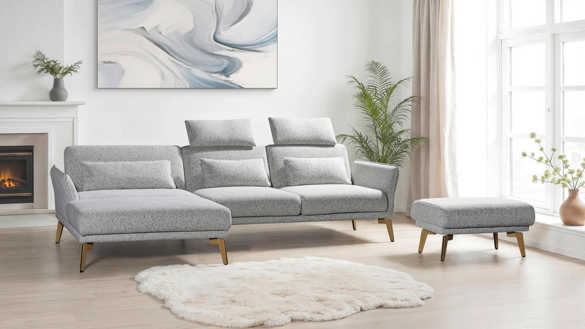 ECKSOFA  in Flachgewebe Creme, Hellgrau  - Eichefarben/Creme, Design, Holz/Textil (164/289cm) - Valnatura