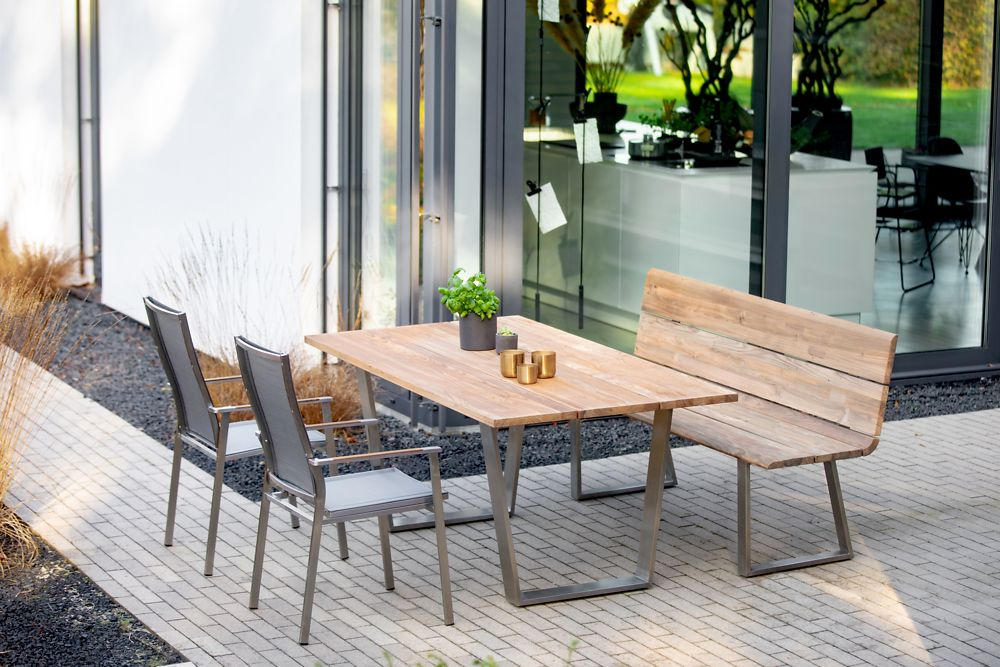 Thumbnail - Gartentisch, Silber, Teak, Holz, Metall, Teakholz, massiv, rechteckig, Kufe, 95x76x200 cm, wetterbeständig, Gartenmöbel,...