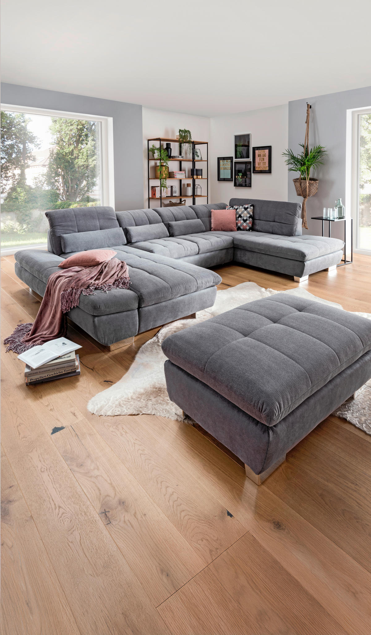 WOHNLANDSCHAFT in Mikrofaser Grau  - Chromfarben/Grau, Design, Kunststoff/Textil (204/350/211cm) - Xora