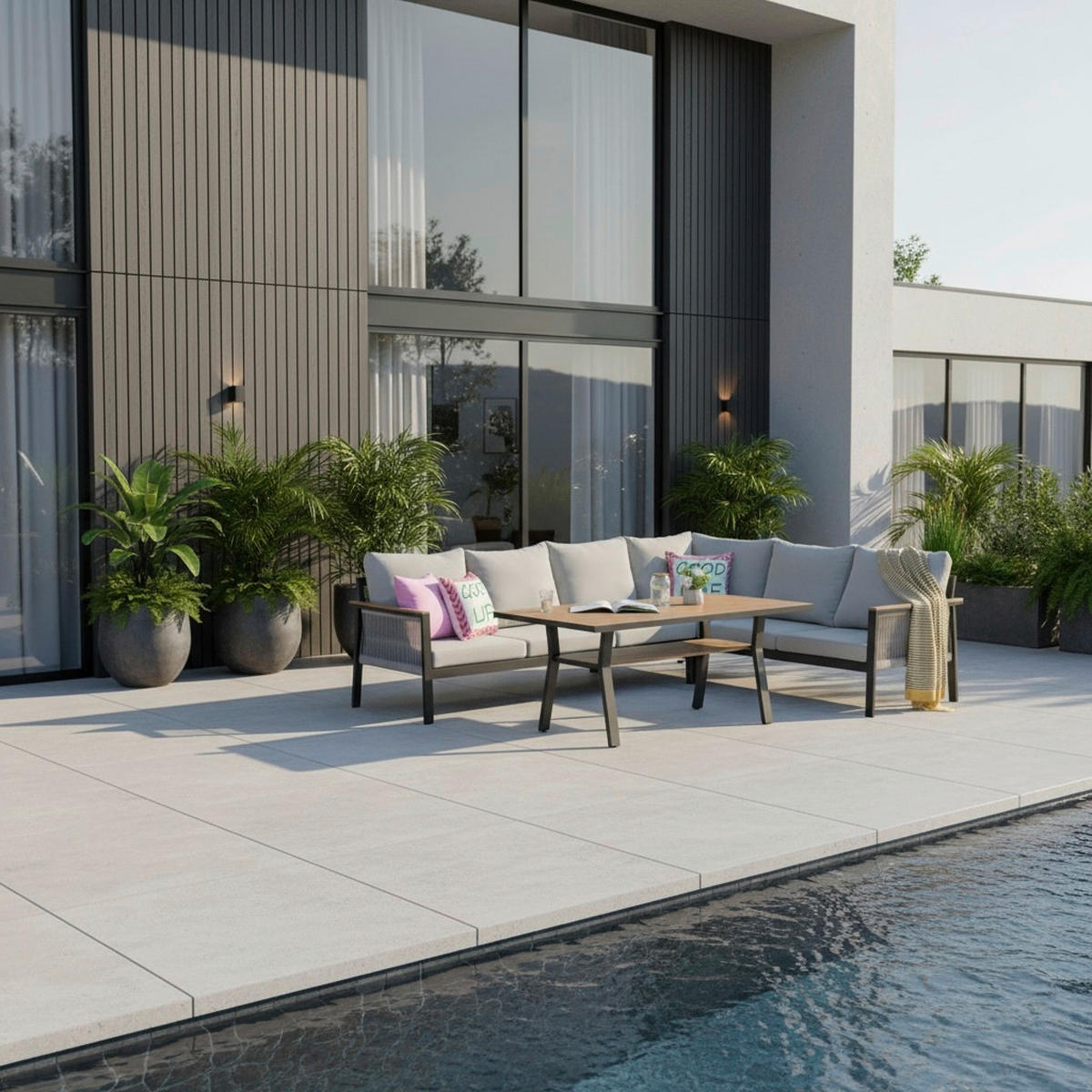 DINING-LOUNGESET Aluminium  - Ecru/Anthrazit, MODERN, Textil/Metall - Gardenson