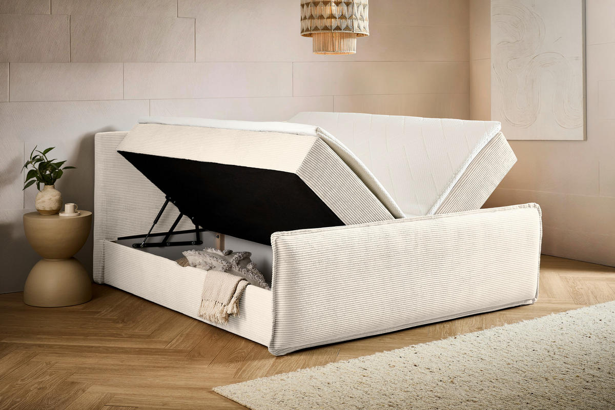 BOXBETT 180/200 cm,  in Beige, Kissen, Bettkasten, Topper, H3 + H3 = fest  - Beige/Schwarz, Design, Kunststoff/Textil (180/200cm) - Chameo