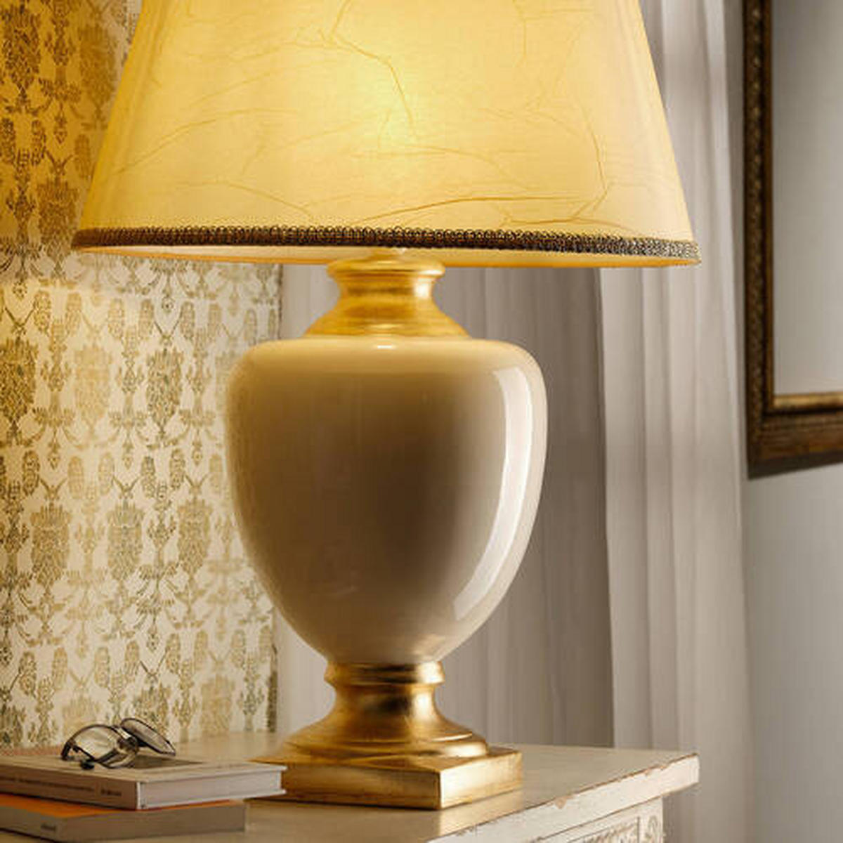STOLNÁ LAMPA, E27, 45/45/75 cm - svetlohnedá/zlatá, Konventionell, textil/keramika (45/45/75cm)