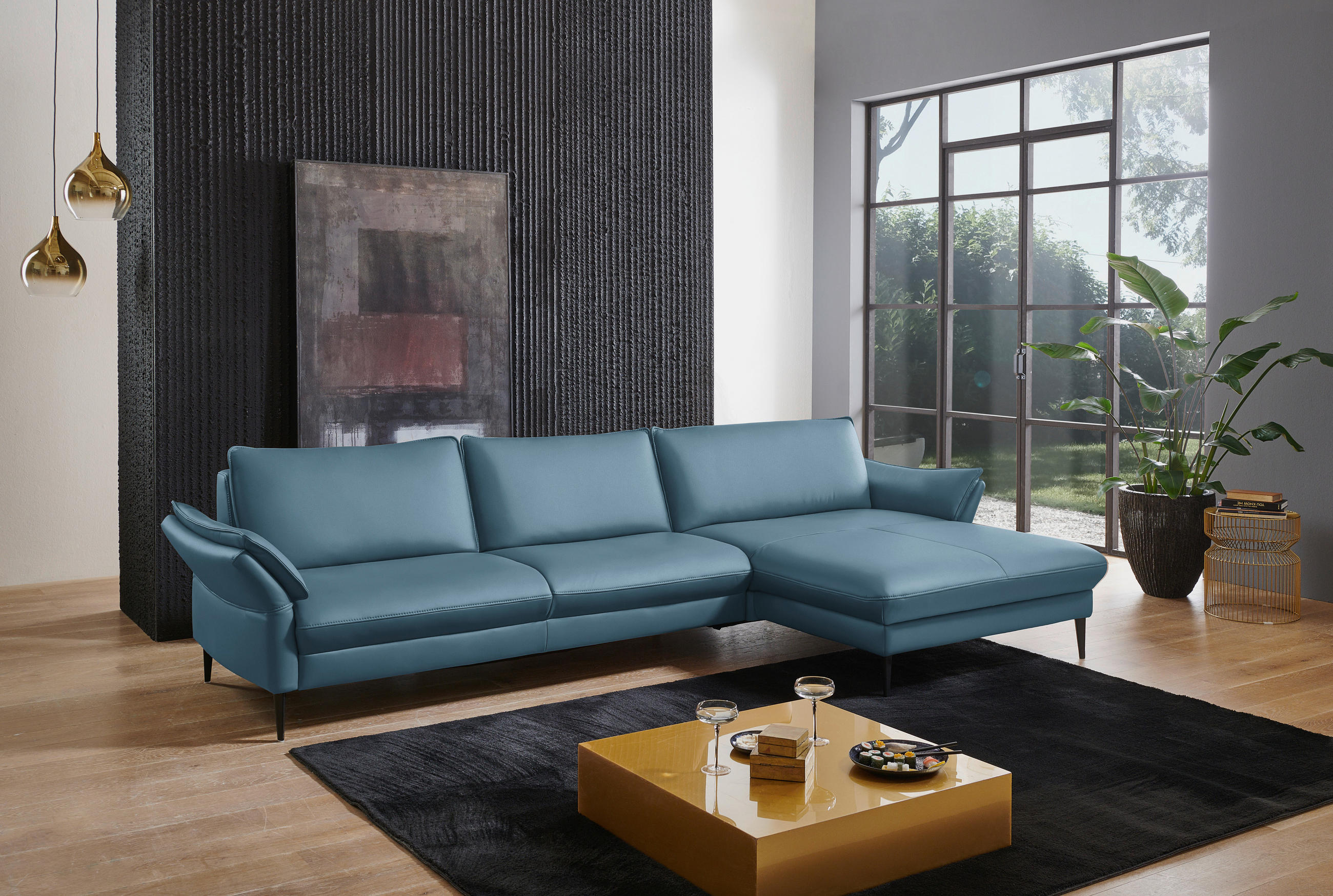 ECKSOFA in Echtleder Hellblau  - Schwarz/Hellblau, Design, Leder/Metall (334/172cm) - Valdera