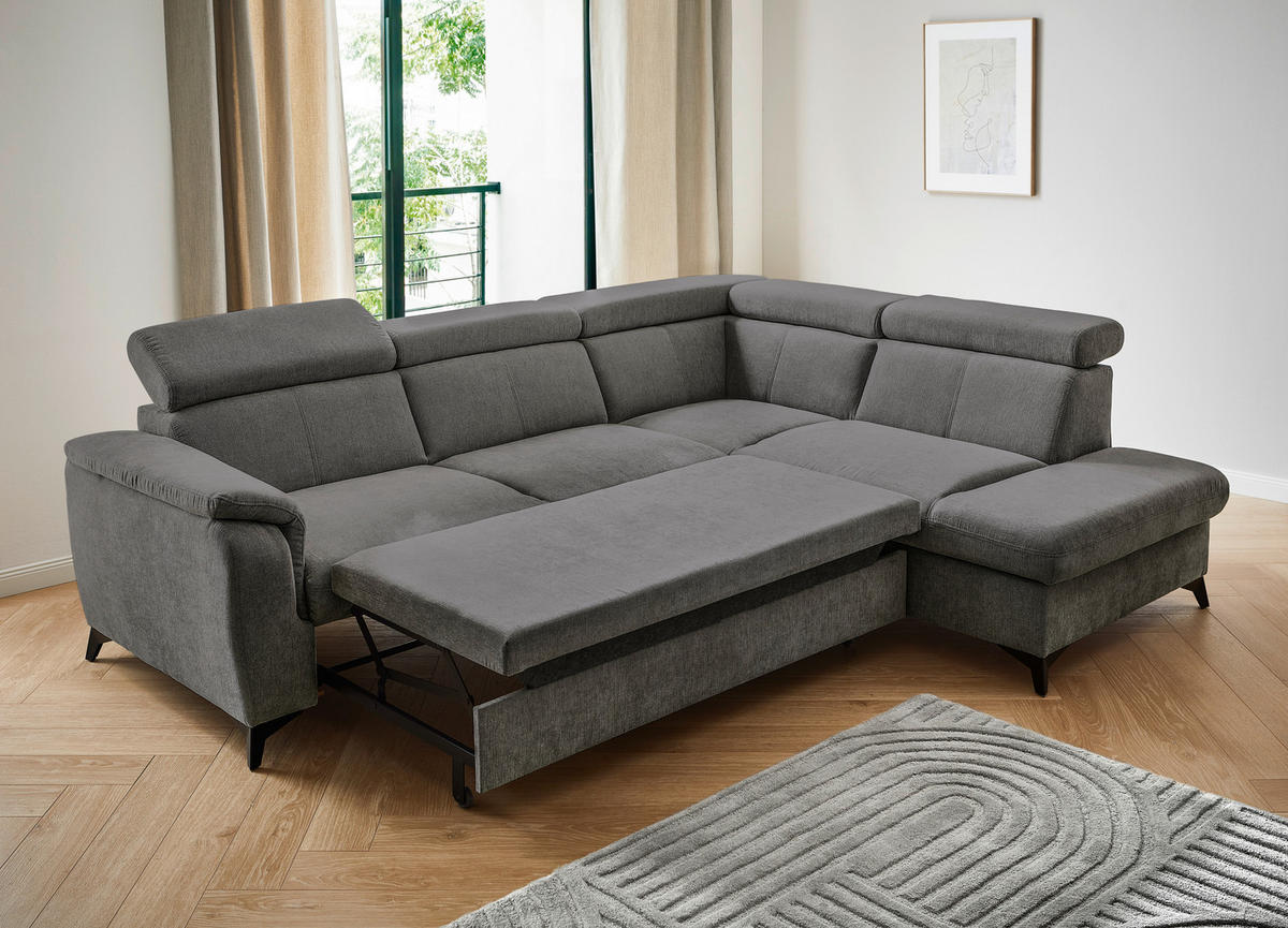Ecksofa inkl. Funktionen PRAG Anthrazit Chenille  - Anthrazit/Schwarz, Design, Textil/Metall (260/203cm) - Stylife