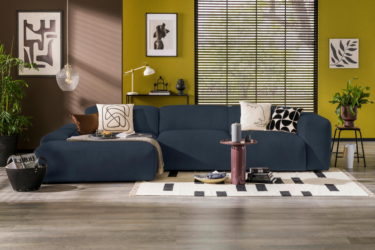 ECKSOFA HANNAH Blau Cord  - Blau/Schwarz, Design, Kunststoff/Textil (170/343cm) - MID.YOU