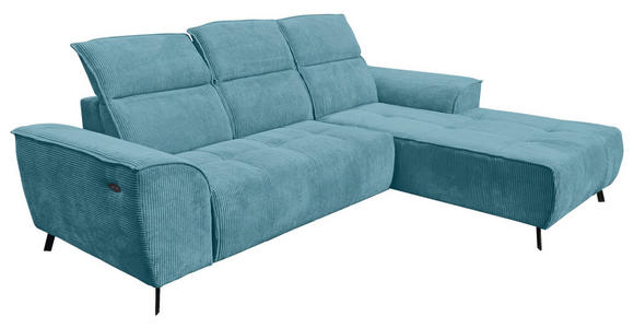 ECKSOFA Türkis Cord Sitzvorzug, Kopfteilverstellung, Rücken echt  - Türkis/Schwarz, KONVENTIONELL, Textil/Metall (290/196cm) - Carryhome