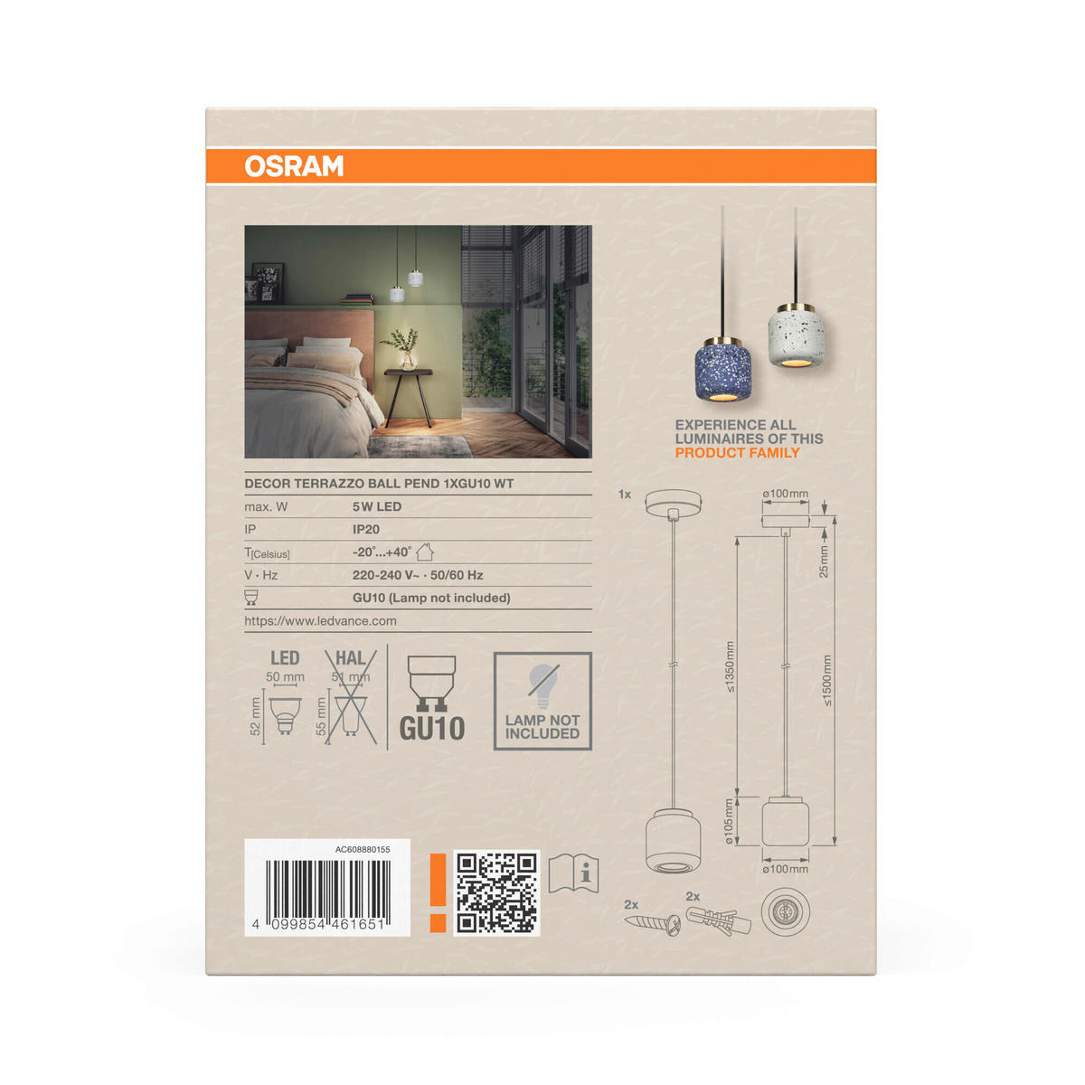 HÄNGELEUCHTE 10/150 cm  - Weiß, Basics, Stein (10/150cm) - Osram