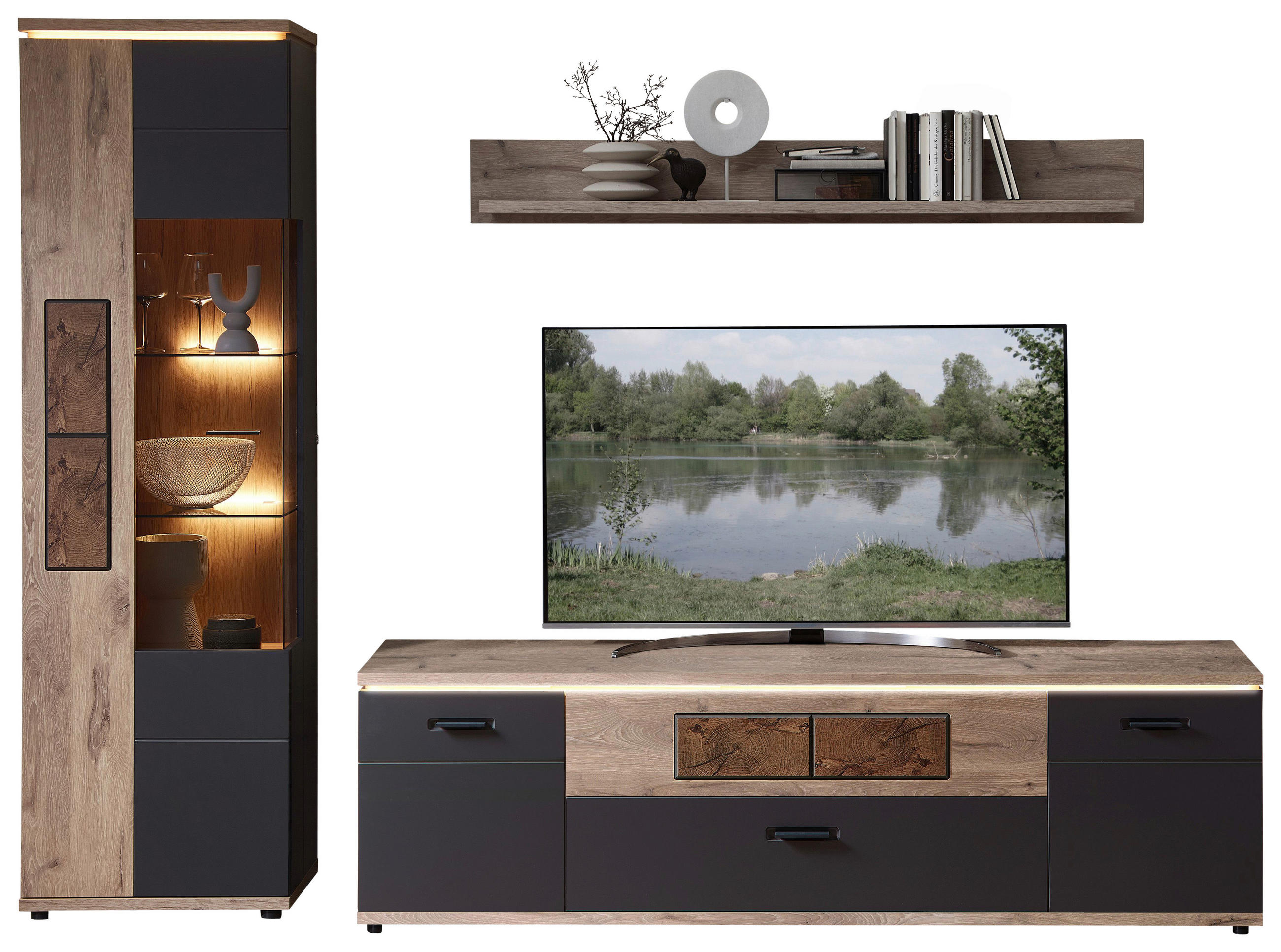 WOHNWAND  in Graphitfarben, Eichefarben  275/202/47 cm  - Eichefarben/Graphitfarben, MODERN, Glas/Holzwerkstoff (275/202/47cm) - Stylife