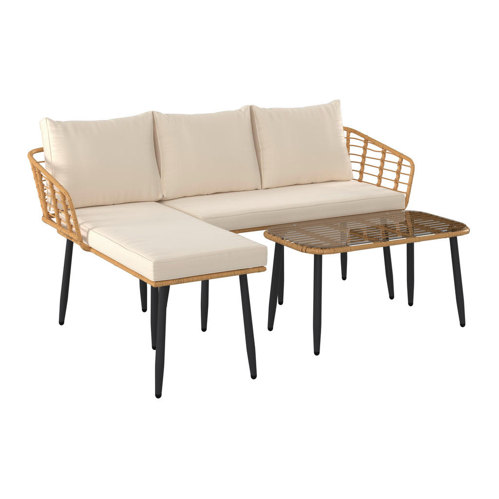 Thumbnail - Ambia Garden Loungegarnitur, Natur, Beige, Metall, Kunststoff, Glas, Textil, 3-teilig, Füllung: Schaumstoff,Polyester, 1...