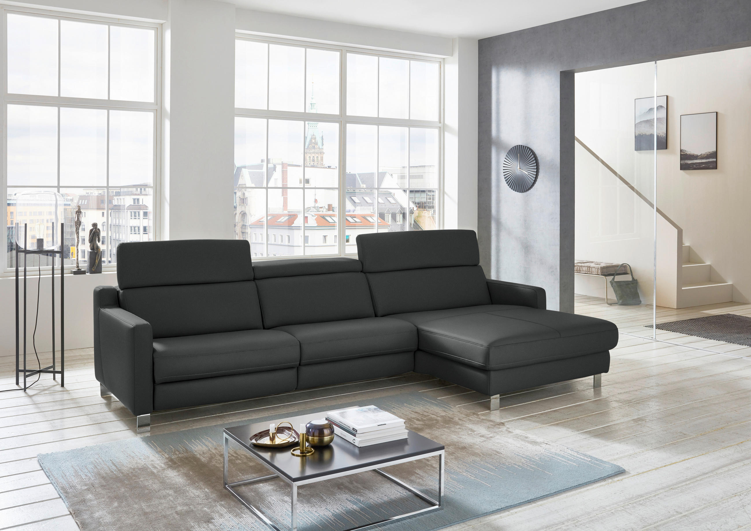 ECKSOFA in Echtleder Anthrazit  - Chromfarben/Anthrazit, Design, Leder/Metall (291/176cm) - Valdera