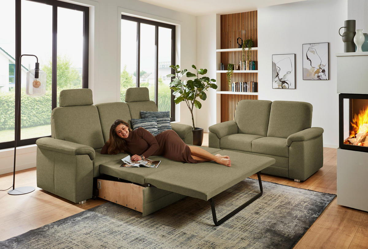 SITZGARNITUR Chenille Schilfgrün  - Schilfgrün/Alufarben, Konventionell, Textil/Metall (208/156/96/89cm) - Beldomo Comfort