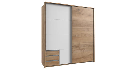 SCHWEBETÜRENSCHRANK  in Weiß, Plankeneiche  - Plankeneiche/Eichefarben, Design, Holzwerkstoff/Metall (179/198/64cm) - Carryhome