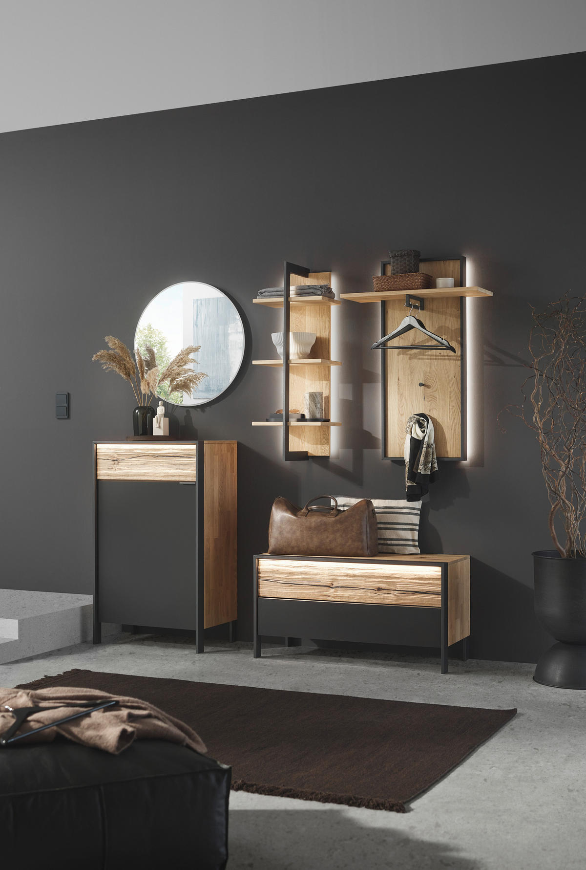 SCHUHSCHRANK 65/110,8/44,3 cm  - Eichefarben/Graphitfarben, Natur, Glas/Holz (65/110,8/44,3cm) - Valdera