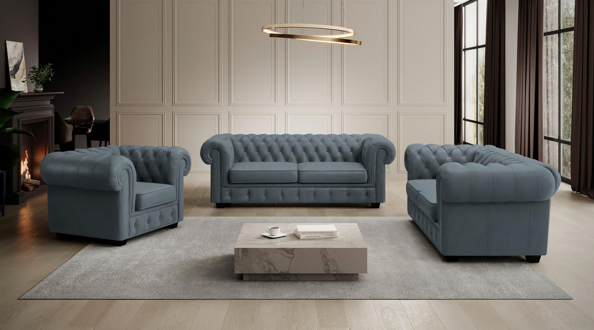 CHESTERFIELD-SOFA in Lederlook Graublau  - Wengefarben/Graublau, Lifestyle, Holz/Textil (206/76,5/96cm) - Landscape