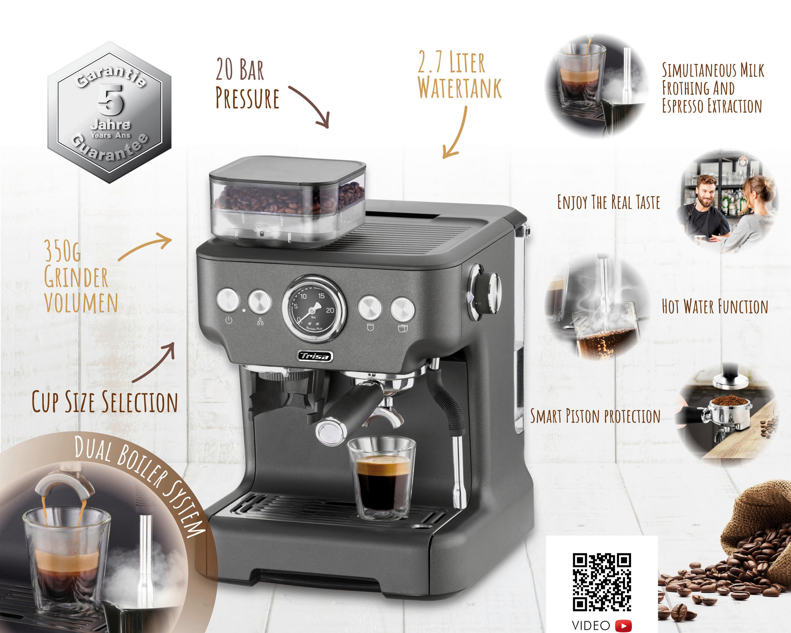 ESPRESSOMASCHINE  - Akaziefarben, Basics, Metall (32,5/41/28cm) - Trisa Electronics