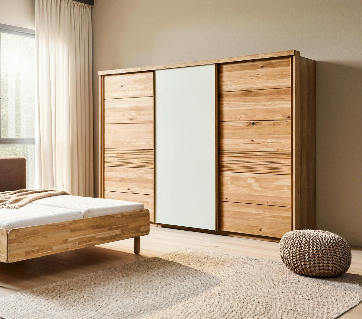 SCHWEBETÜRENSCHRANK 285/216/70 cm 3-türig Champagner, Wildeiche  - Wildeiche/Champagner, Design, Glas/Holz (285/216/70cm) - Linea Natura