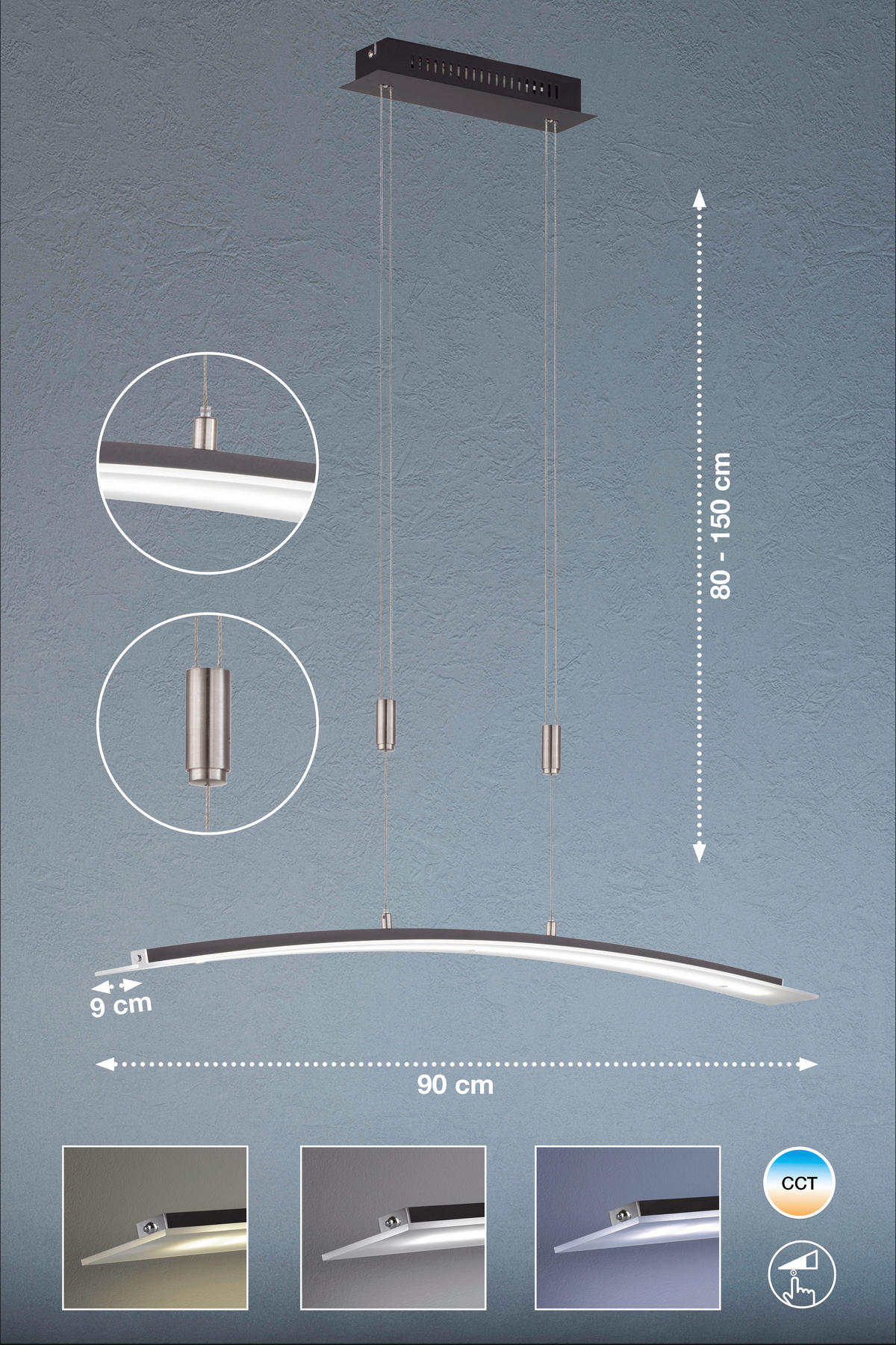 LED-HÄNGELEUCHTE Metis 90/150 cm   - Schwarz, Design, Metall (90/150cm) - Fischer & Honsel