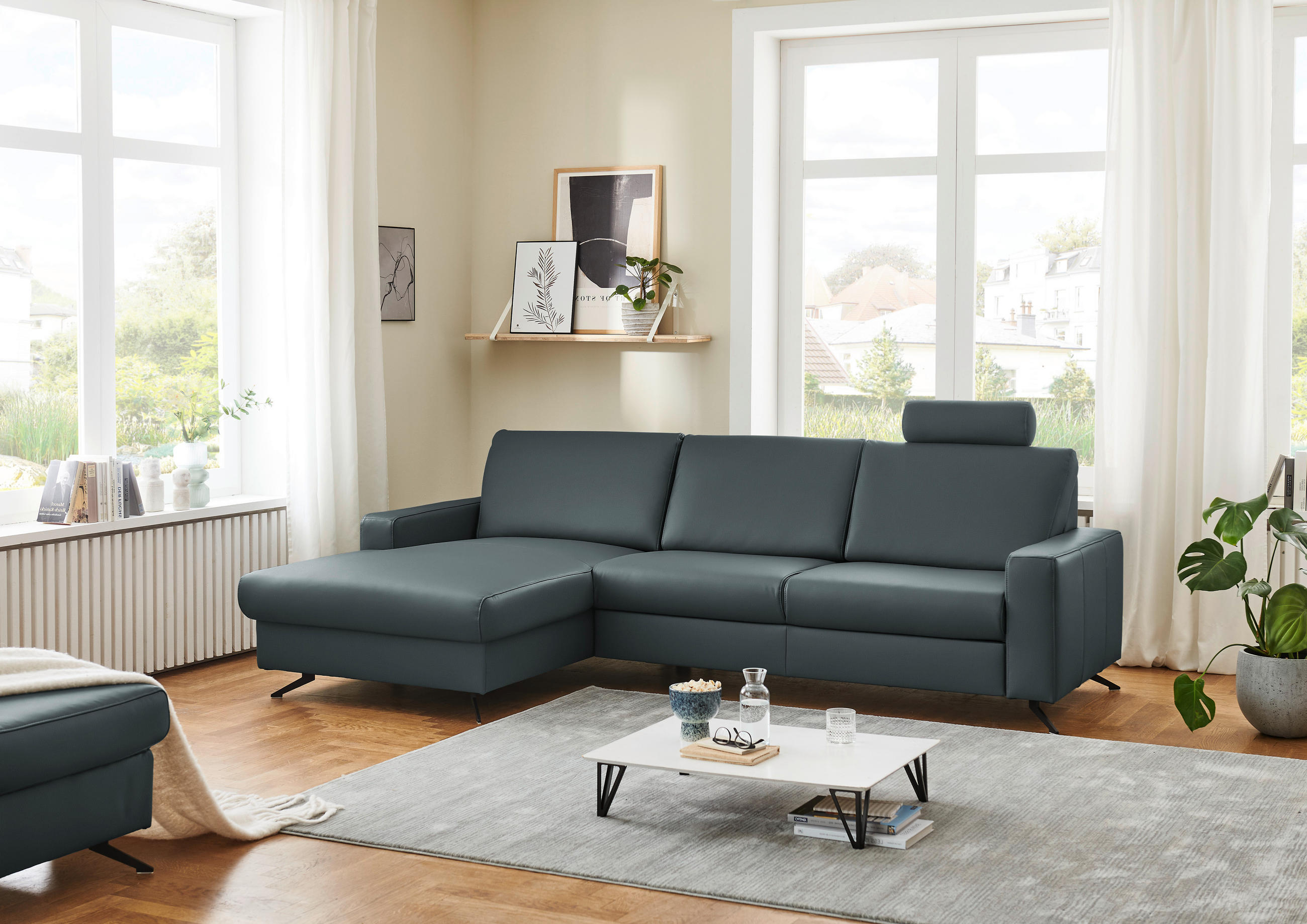 ECKSOFA in Echtleder Blaugrau  165/267 cm  - Blaugrau/Schwarz, Design, Leder/Metall (165/267cm) - Lomoco