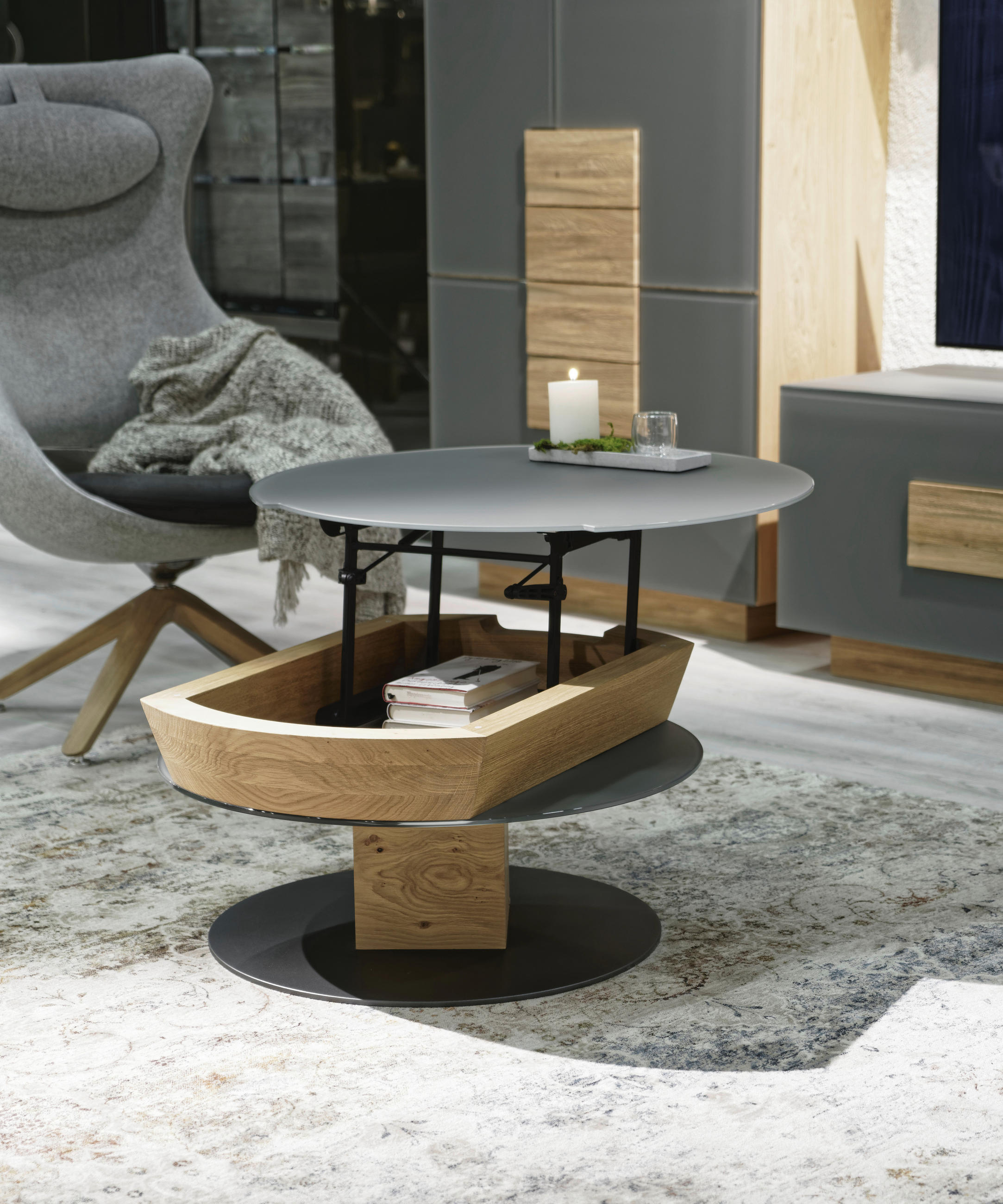 Thumbnail - Voglauer Couchtisch, Anthrazit, Eiche, Hellgrau, Holz, Metall, Glas, Wildeiche, furniert, rund, Säule, Bodenplatte, 35.5...