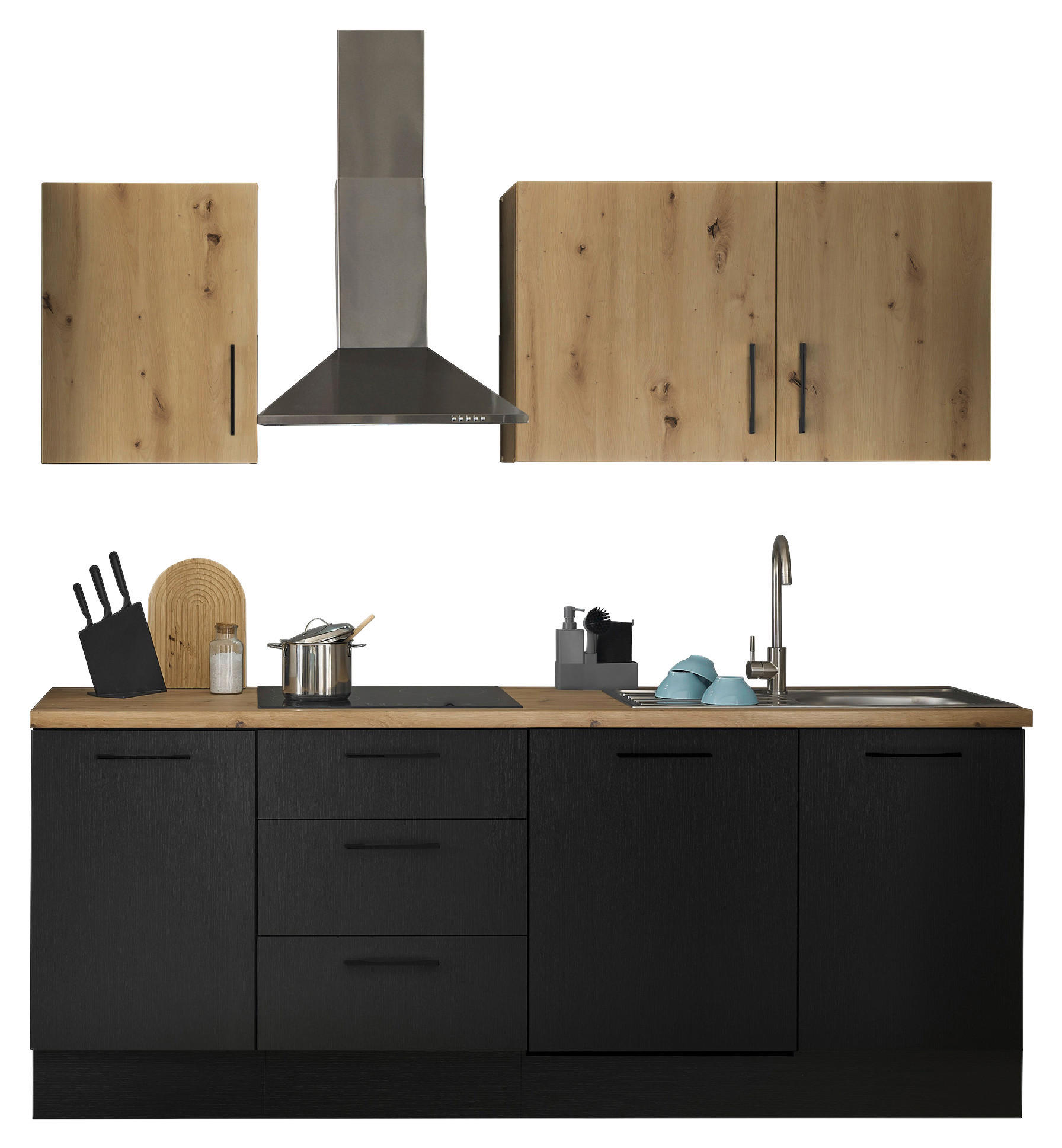 KUHINJSKI BLOK BREZ APARATOV - črna/hrast artisan, Trend, kovina/leseni material (220cm) - MID.YOU