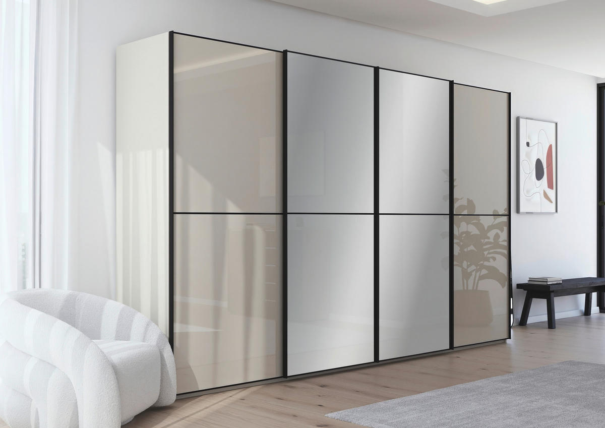 SCHWEBETÜRENSCHRANK in Champagner, Schwarz  - Champagner/Schwarz, Design, Glas/Holzwerkstoff (320/223/68cm) - Novel