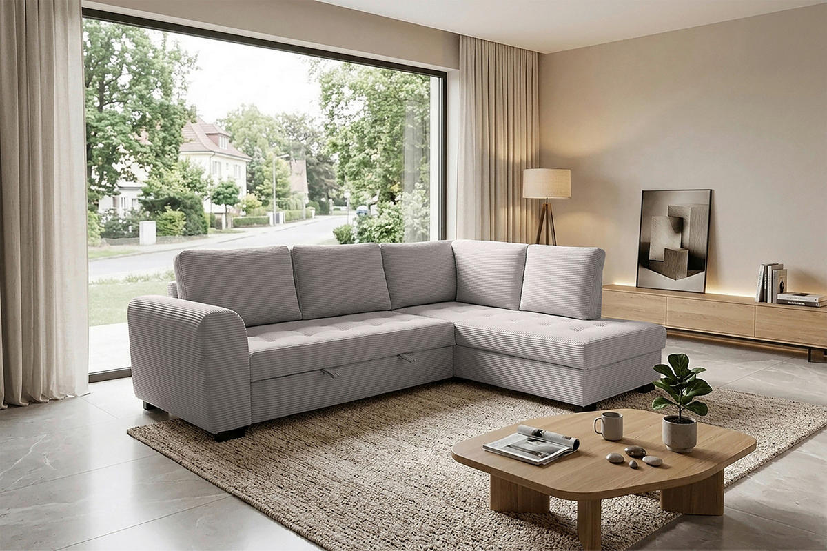 ECKSOFA JOHN Graubraun Cord Rückenkissen, Bettkasten, Liegefläche im Originalstoff  - Graubraun/Schwarz, Trend, Kunststoff/Textil (239/178cm) - P & B